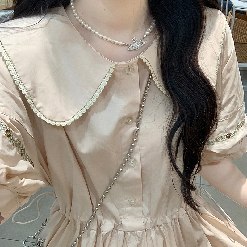 Sweet Doll Collar Puff Sleeve Embroidered Dress with Drawstring Waist