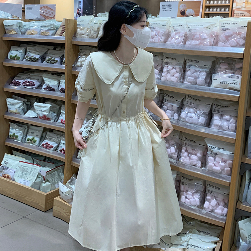 Sweet Doll Collar Puff Sleeve Embroidered Dress with Drawstring Waist - Image 3