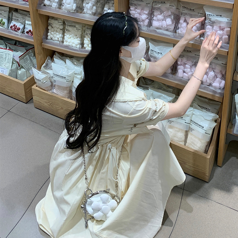 Sweet Doll Collar Puff Sleeve Embroidered Dress with Drawstring Waist - Image 4