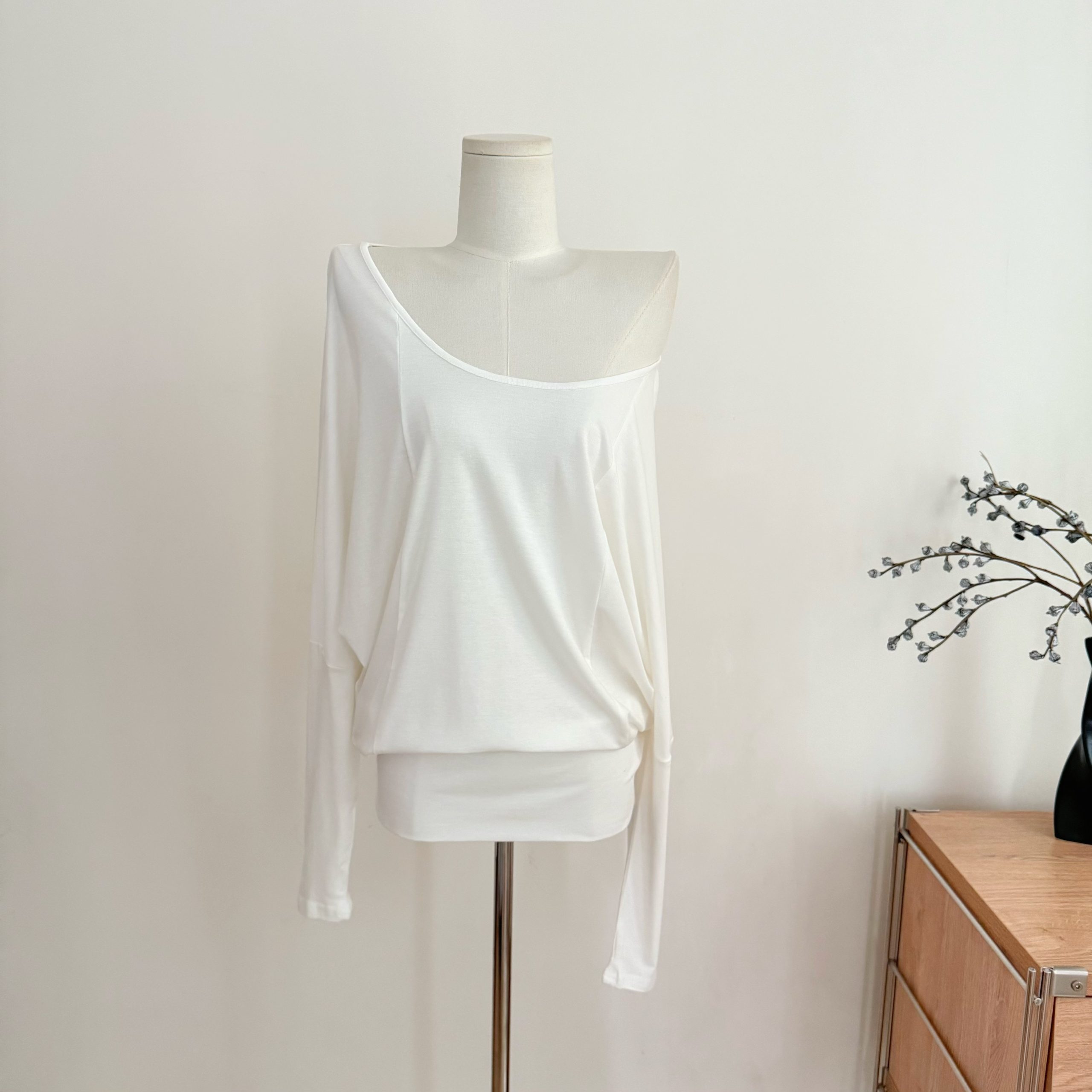Women’s Sheer Batwing Sleeve Top with Large U-Neck in White