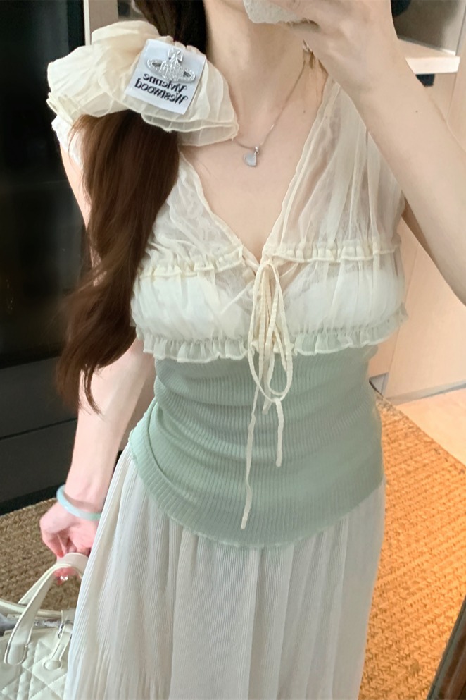 Women's Color-Block Chiffon Spliced Tank Top Slim Fit - Image 5