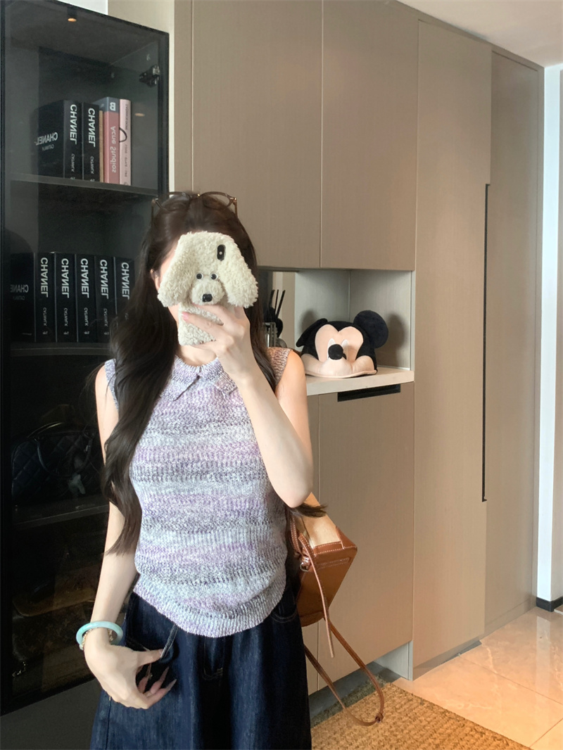 Slim Fit Knit Top with Collar Sleeveless Vest for Women - Image 2