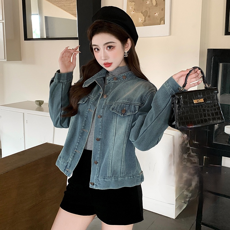 Women’s Fleece-Lined Denim Jacket with Stand Collar – Korean Style Winter Coat