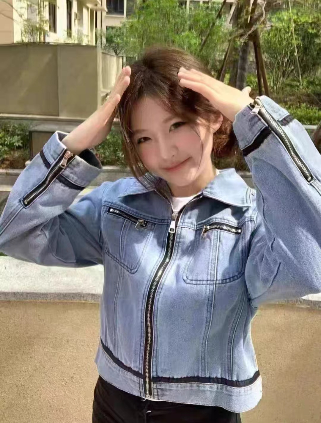 Women’s Blue Denim Jacket with Zip Trim and Woven Ribbon Layered Design