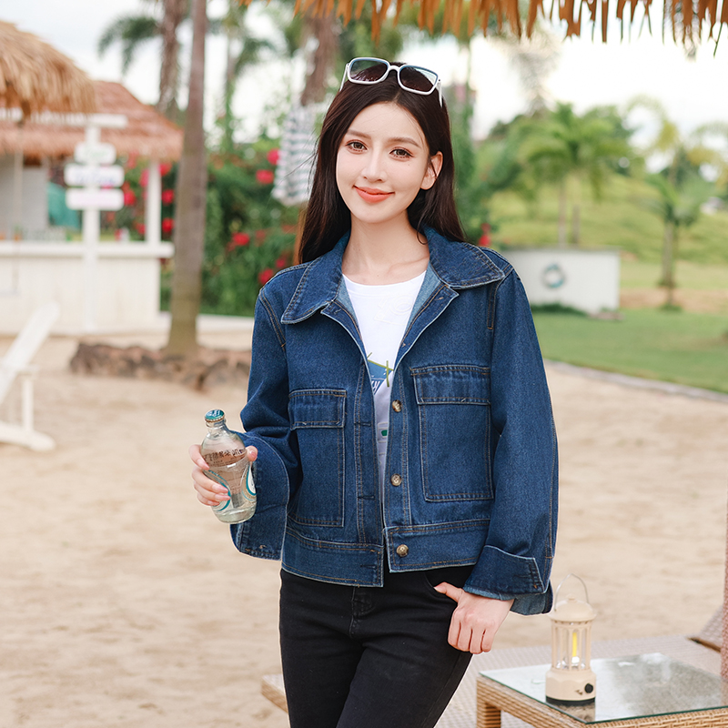 Women’s Loose Fit Denim Jacket with Large Pockets Retro Hong Kong Style Fall Winter