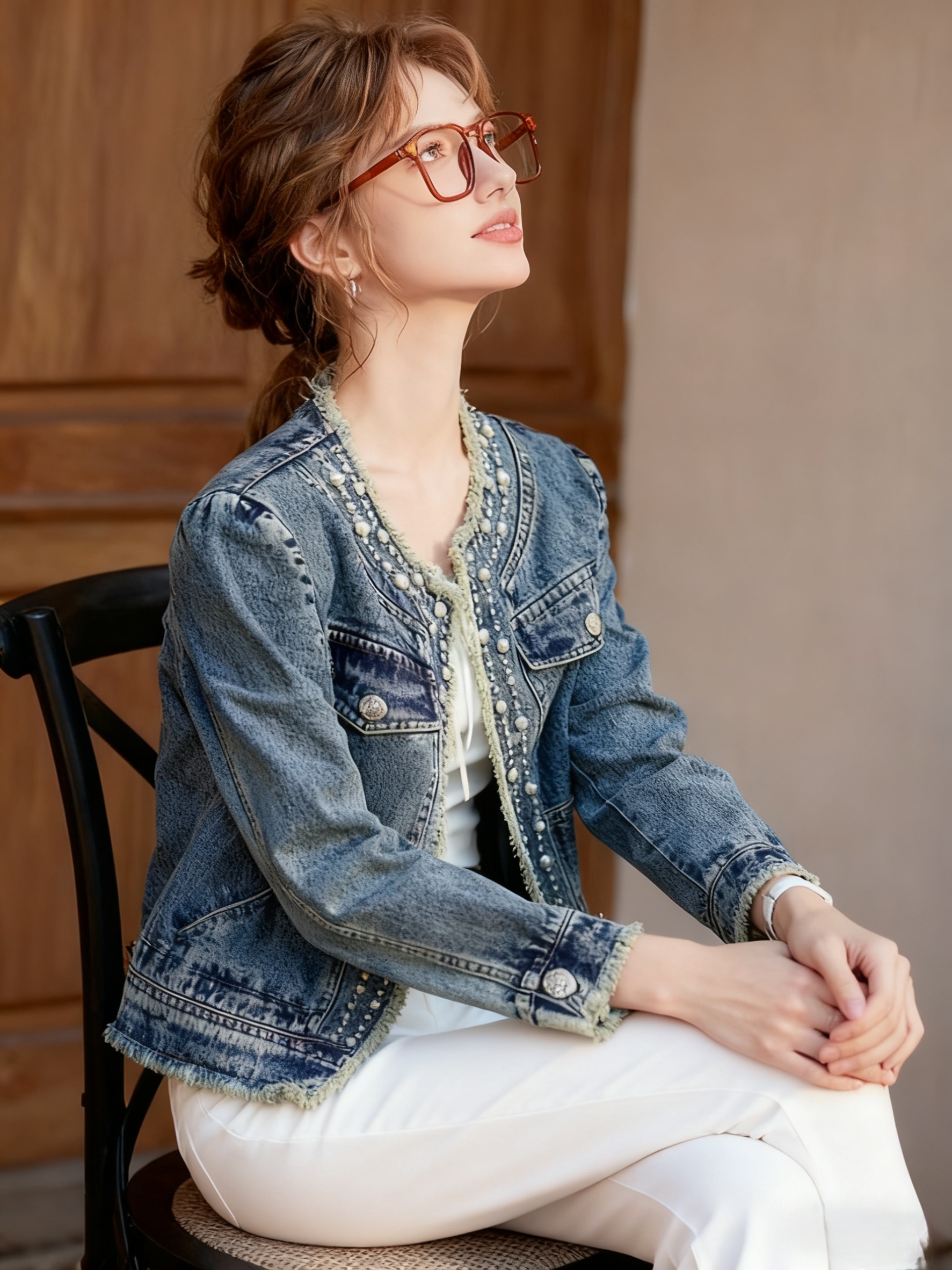 Women’s Beaded Frayed Denim Jacket – Loose Fit Cotton Blend
